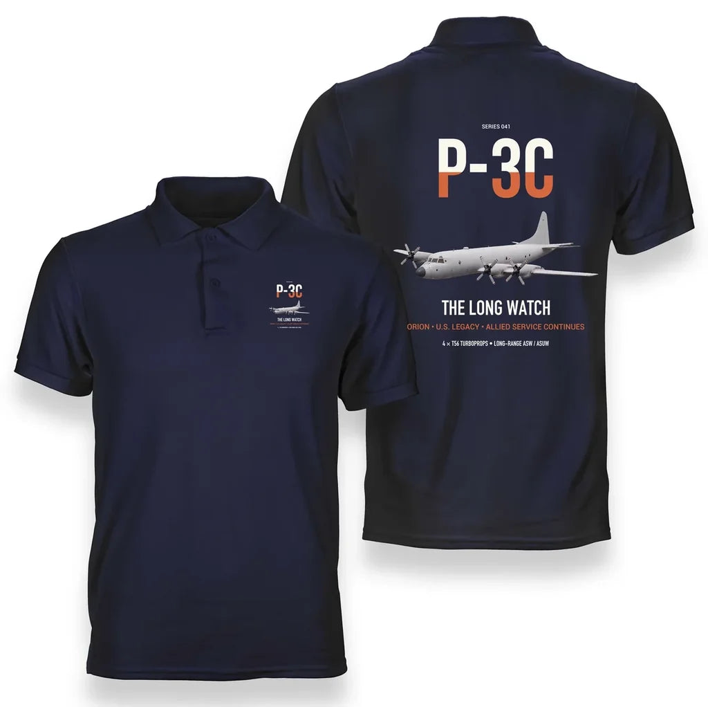 P-3C Orion design on navy blue double-side polo t-shirt, double-side print
