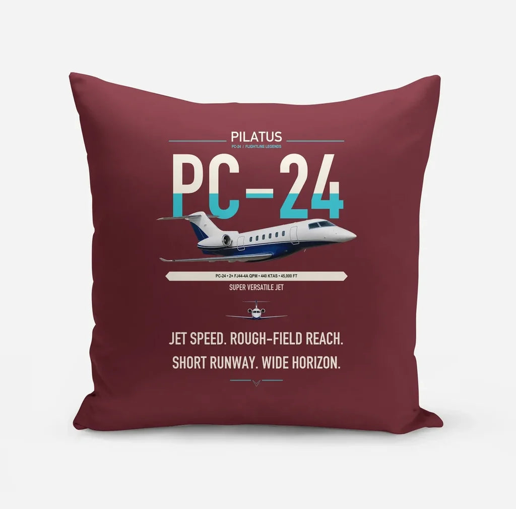 Pilatus PC-24 design on dark red pillow