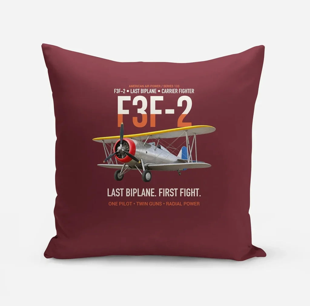 F3F-2 Last Biplane First Fight design on dark red pillow