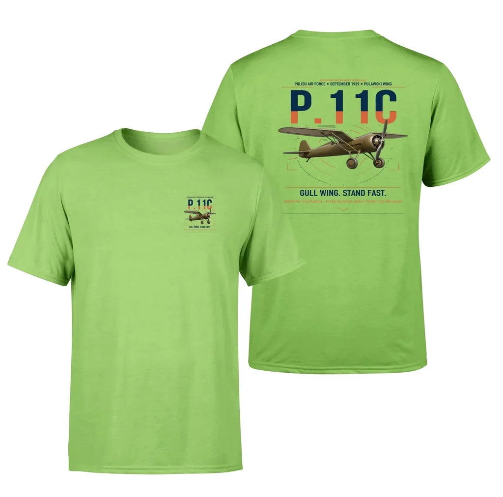 PZL P.11c design on light green t-shirt, double-side print