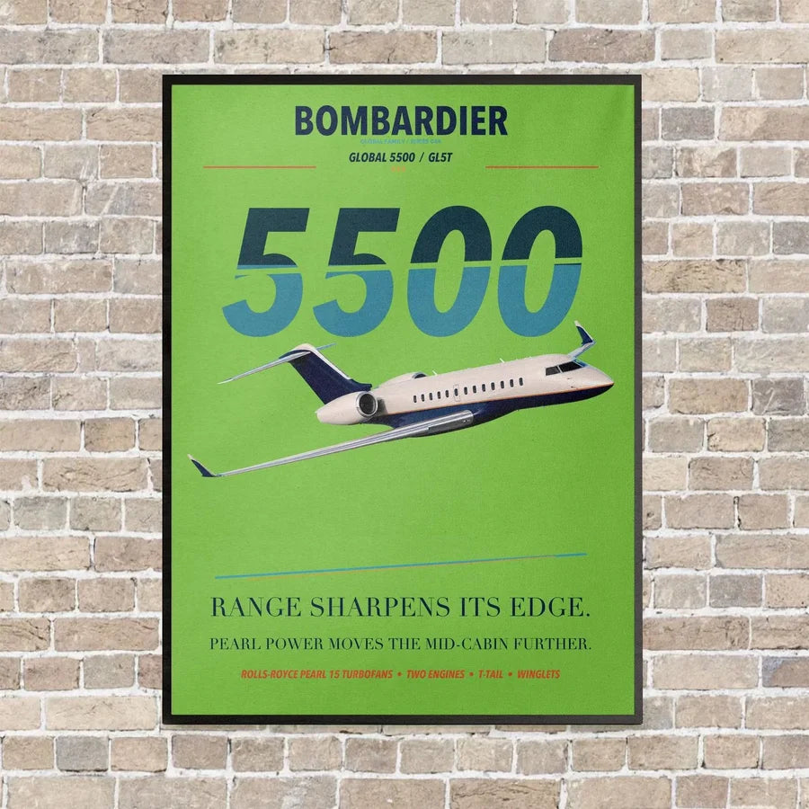 Bombardier Global 5500 vertical canvas print - framed - light green background
