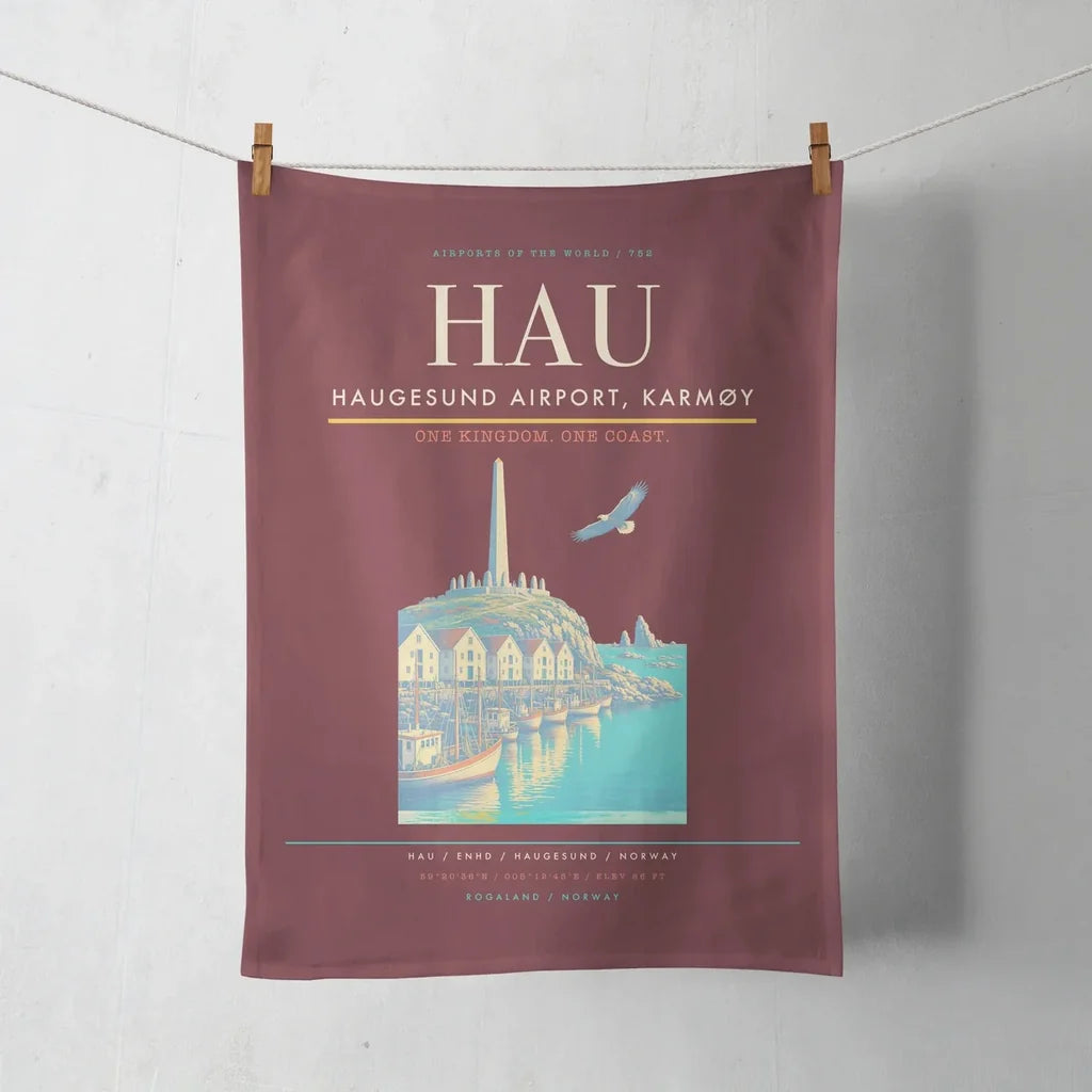 Haugesund Airport, Karmøy (HAU) design on dark red towel