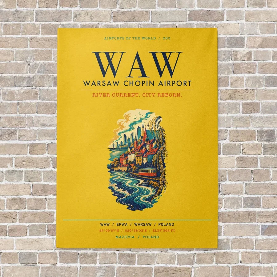 Warsaw Chopin Airport WAW vertical canvas print - no frame - yellow background