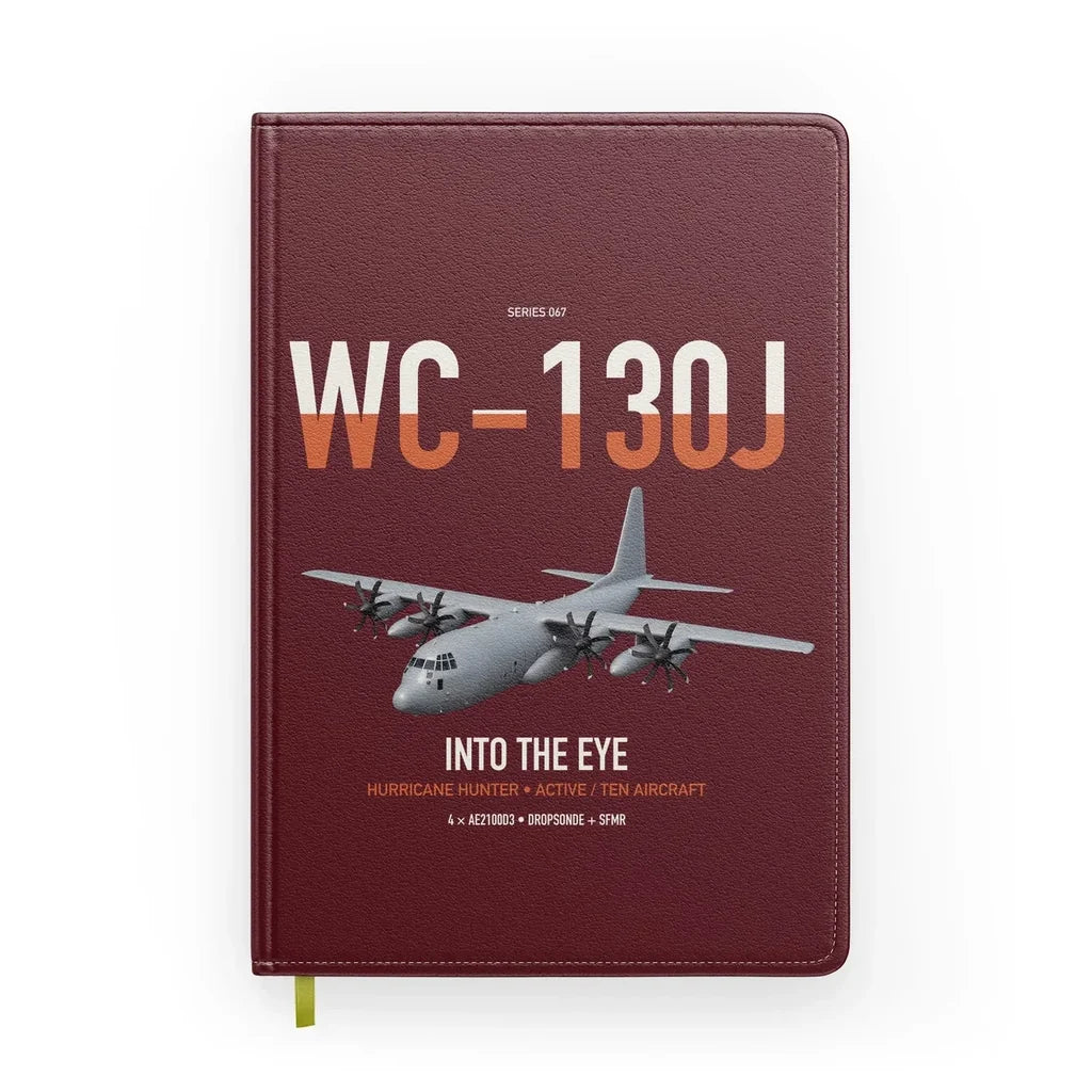 WC-130J Hurricane Hunter design on dark red notebook