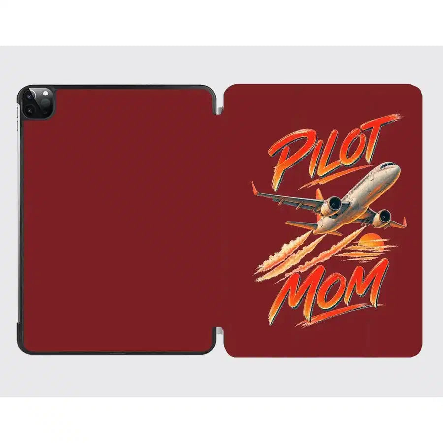 Pilot Mom design on dark red ipad tablet case