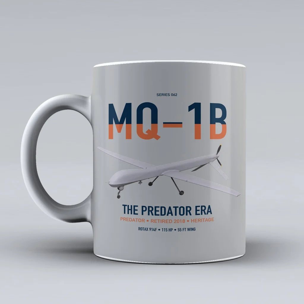 MQ-1B Predator design on light gray ceramic mug, double-side print