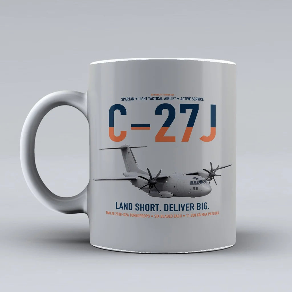C-27J Spartan design on light gray ceramic mug, double-side print