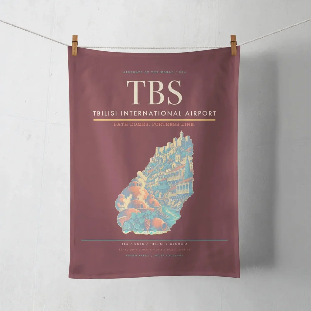 Tbilisi International Airport (TBS) design on dark red towel