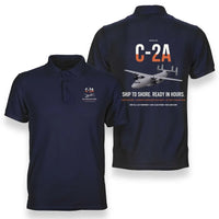 Thumbnail for C-2A Greyhound design on navy blue double-side polo t-shirt, double-side print
