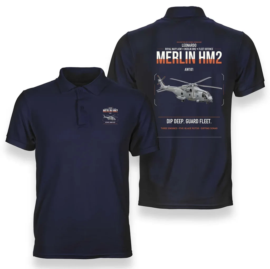 Leonardo AW101 Merlin HM2 design on navy blue double-side polo t-shirt, double-side print