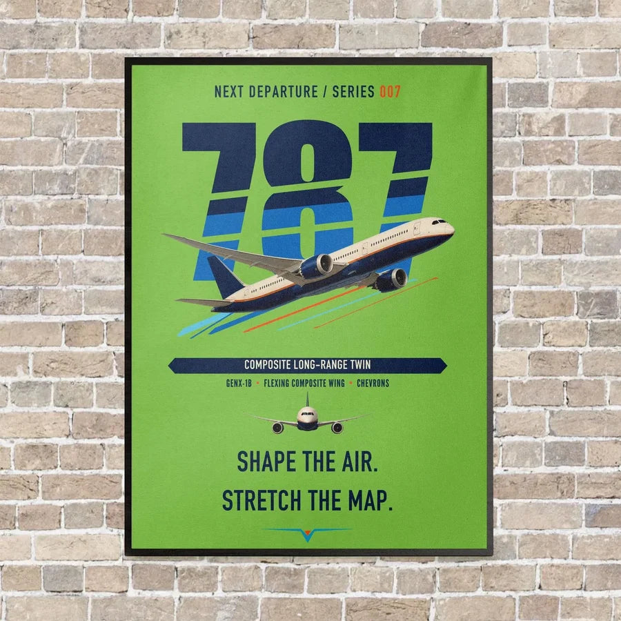 Boeing 787-9 Dreamliner vertical canvas print - framed - light green background