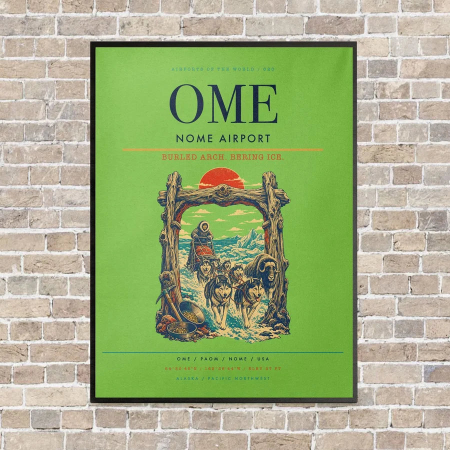 Nome Airport OME vertical canvas print - framed - light green background