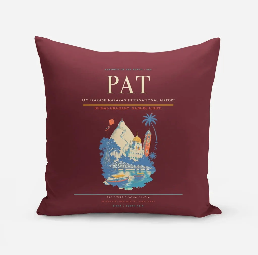 Jay Prakash Narayan International Airport (PAT) design on dark red pillow