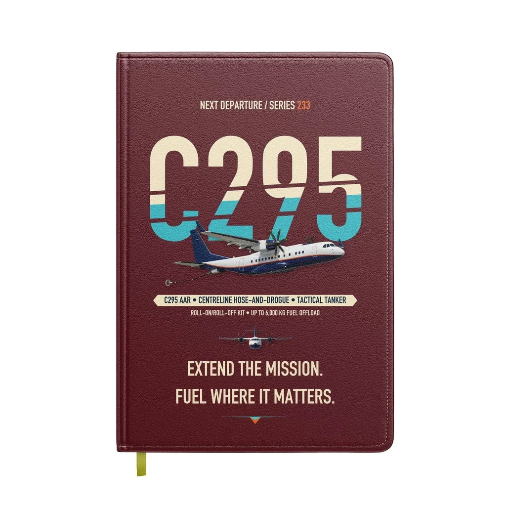 Airbus C295 Air-to-Air Refuelling design on dark red notebook