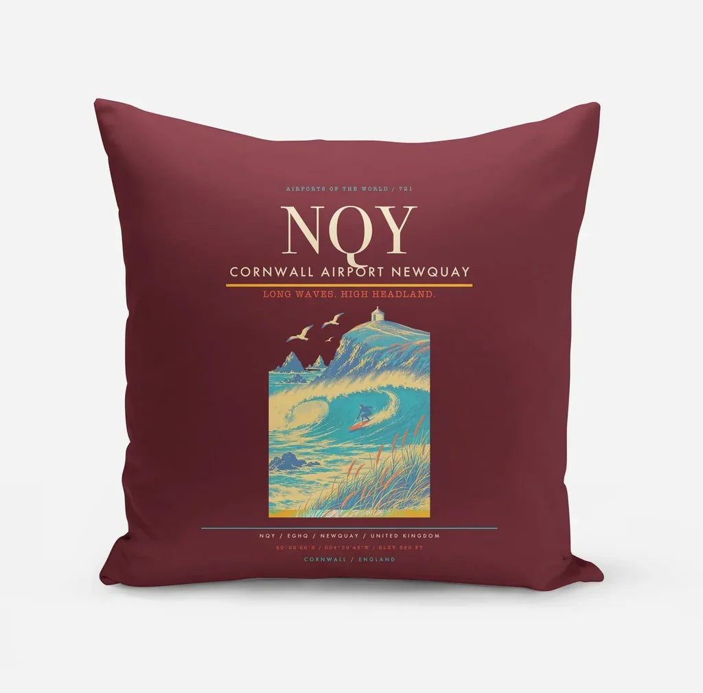 Cornwall Airport Newquay (NQY) design on dark red pillow