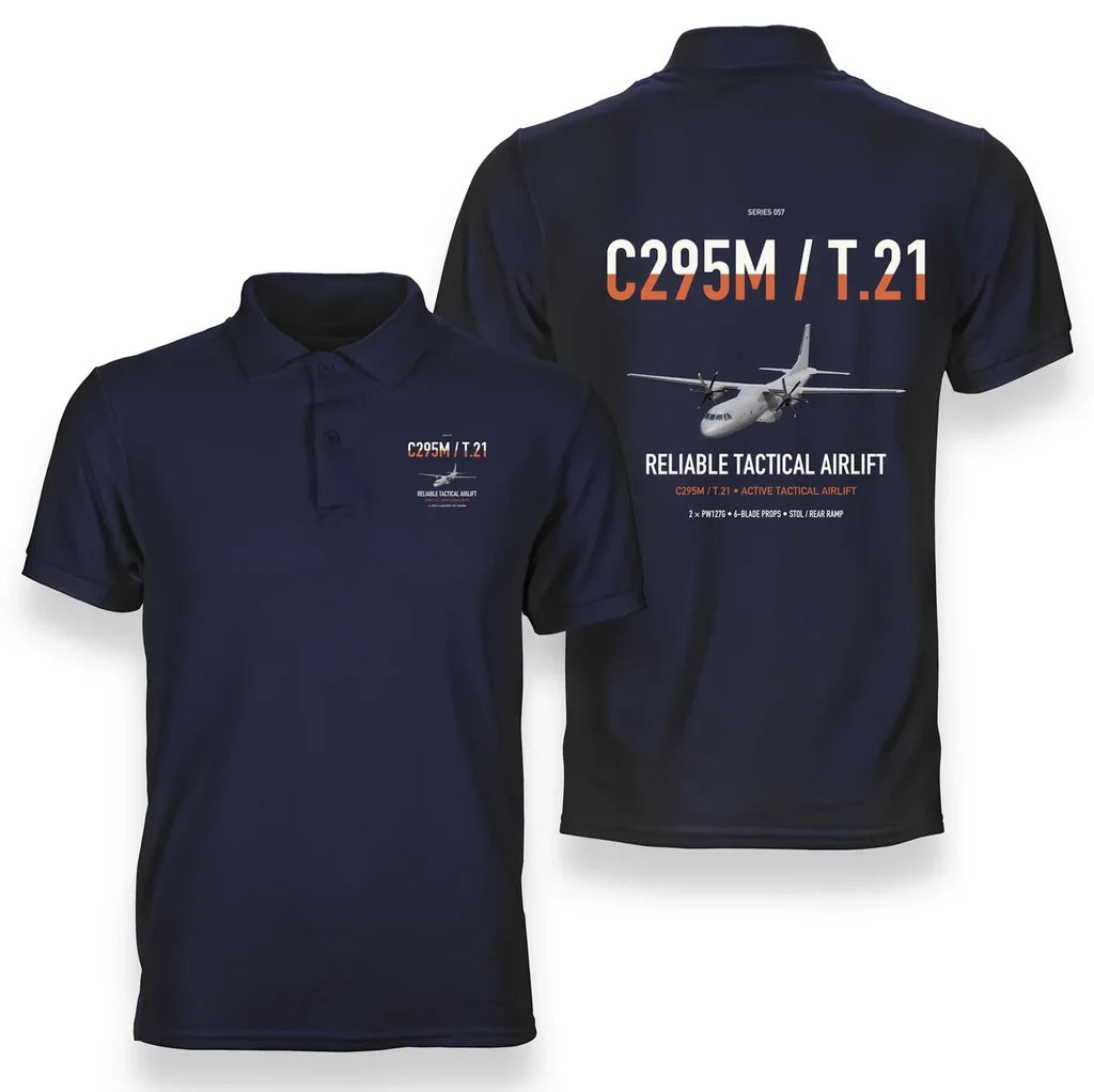 Airbus C295M T.21 design on navy blue double-side polo t-shirt, double-side print