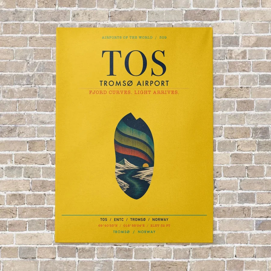 Tromsø Airport TOS vertical canvas print - no frame - yellow background