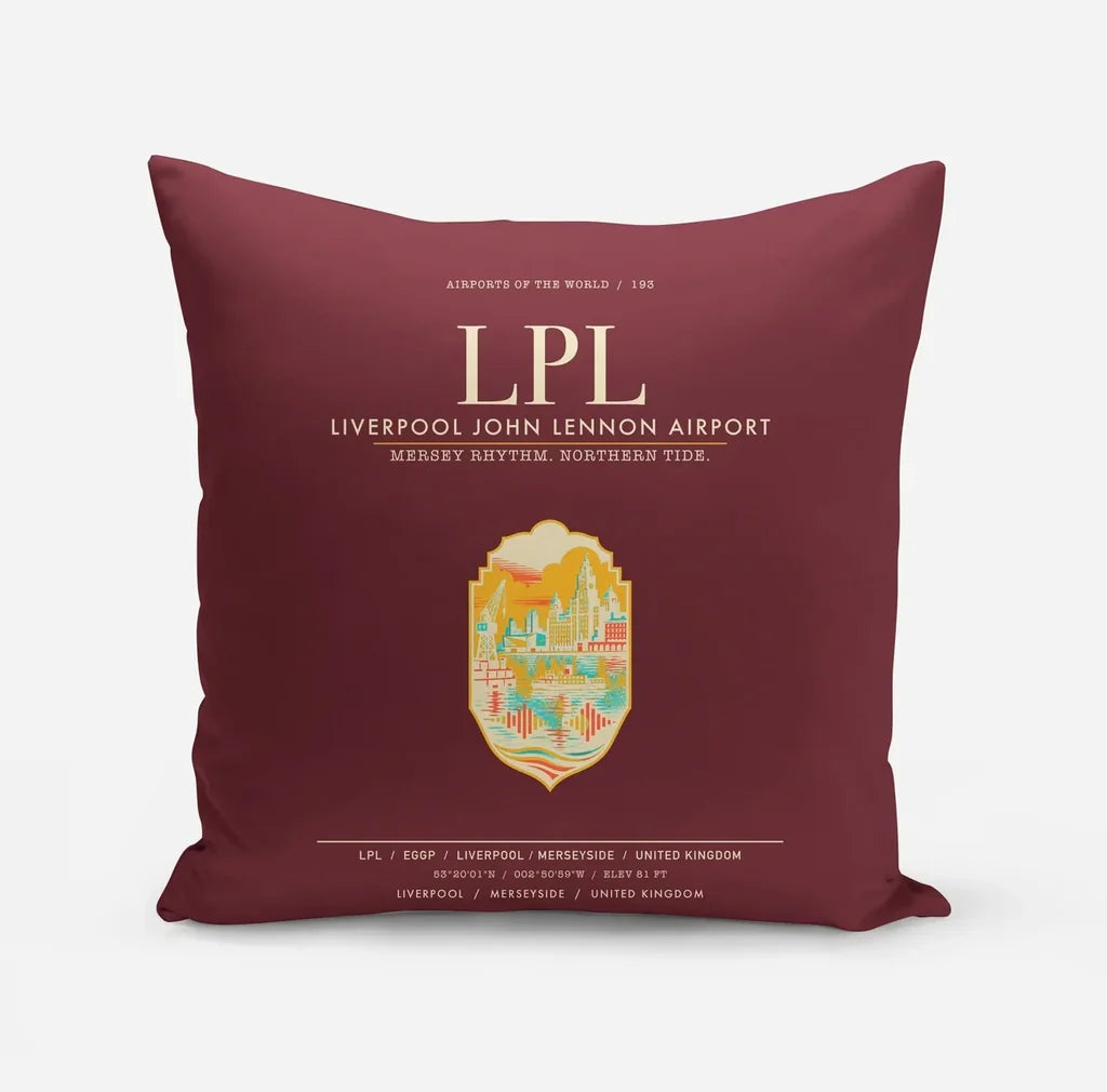 Liverpool John Lennon Airport (LPL) design on dark red pillow