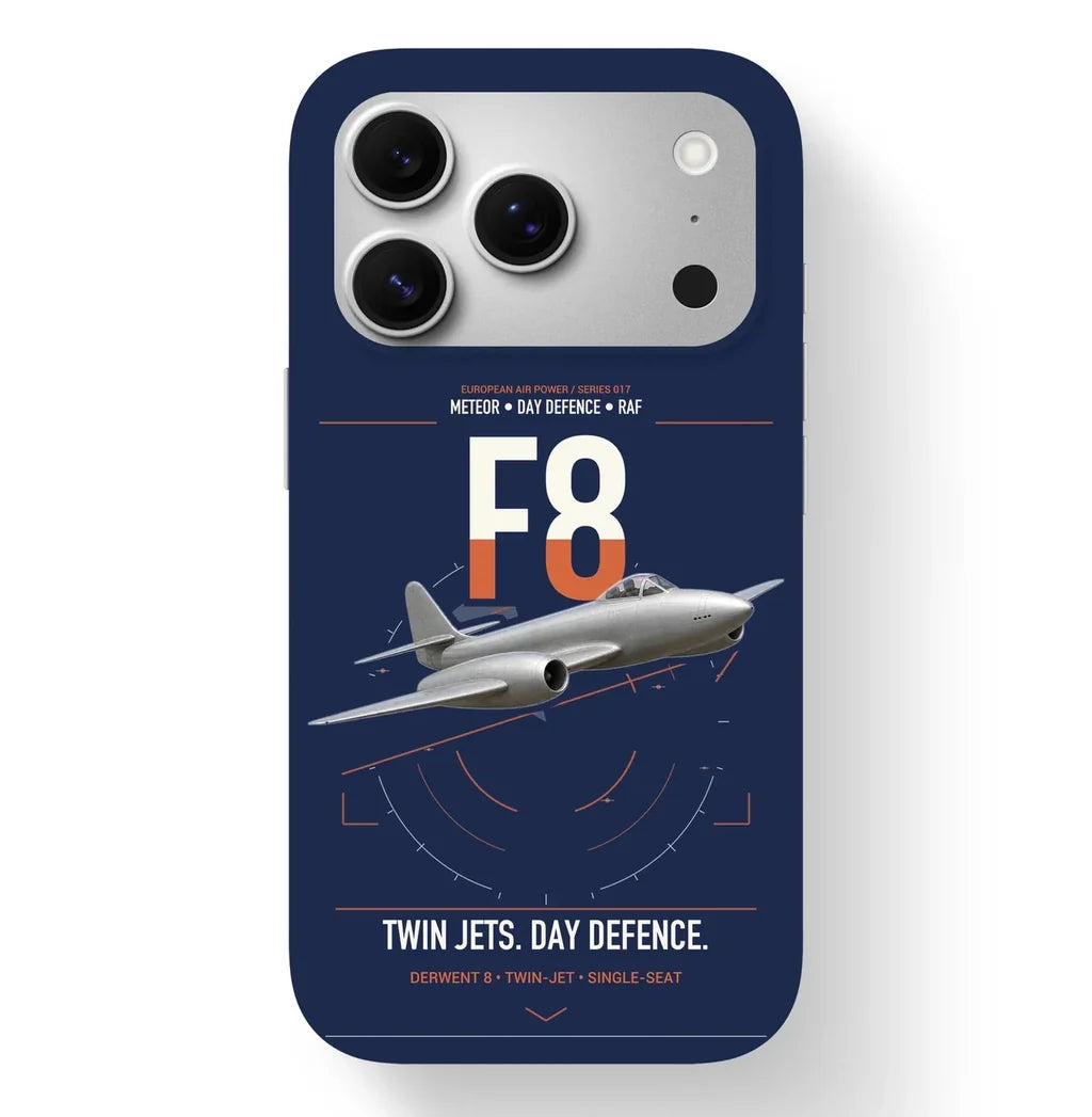 Gloster Meteor F8 design on navy blue magsafe iphone case, for iPhone 17 Pro