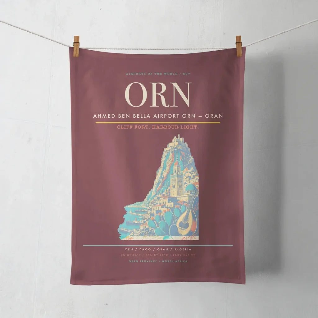 Ahmed Ben Bella Airport (ORN) design on dark red towel