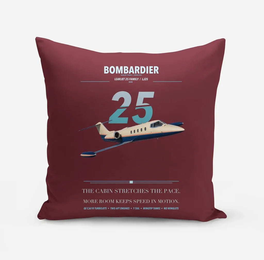 Bombardier Learjet 25 design on dark red pillow