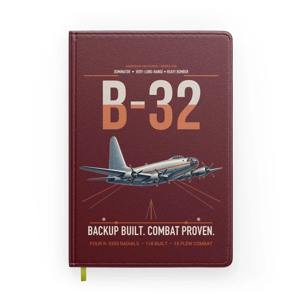 B-32 Dominator design on dark red notebook