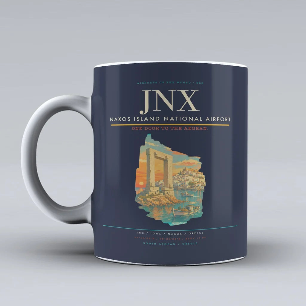 Naxos Island National Airport (JNX) airport code design on dark blue ceramic mug