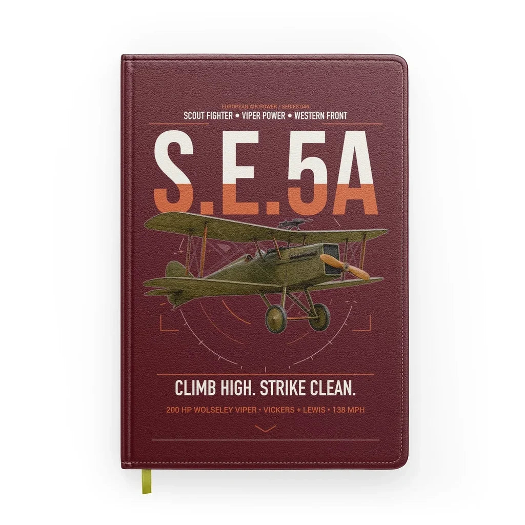 Royal Aircraft Factory S.E.5a design on dark red notebook