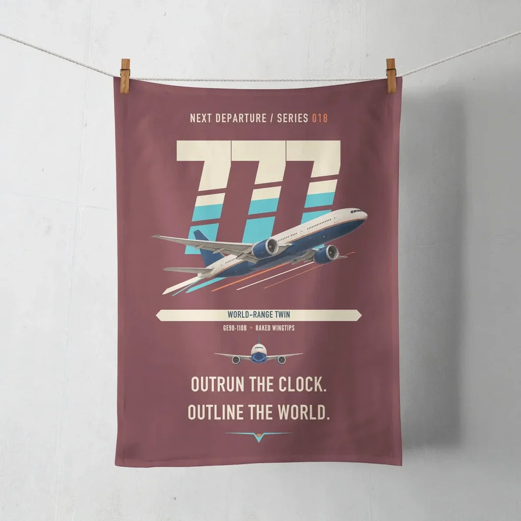 Boeing 777-200LR design on dark red towel