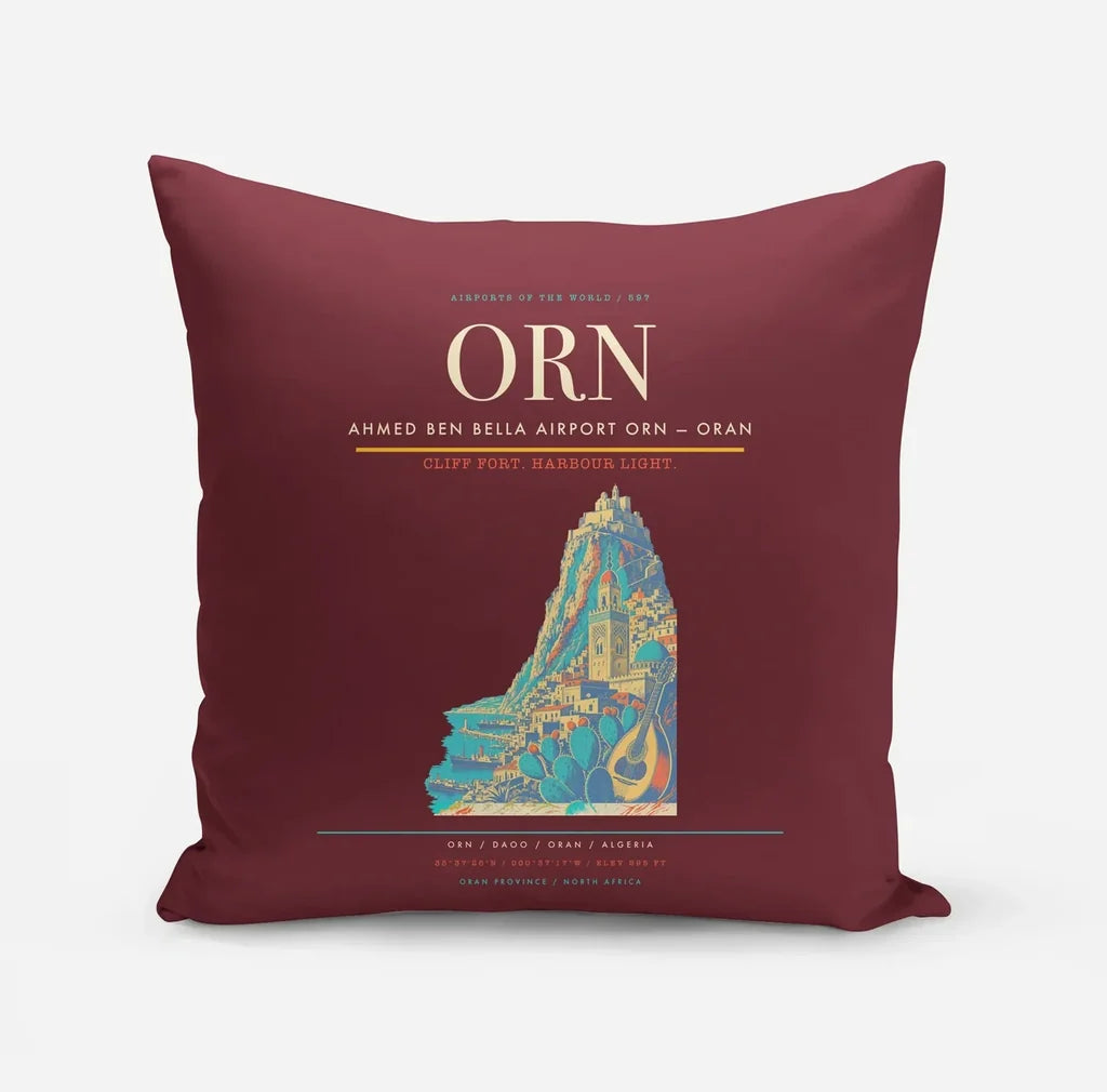 Ahmed Ben Bella Airport (ORN) design on dark red pillow