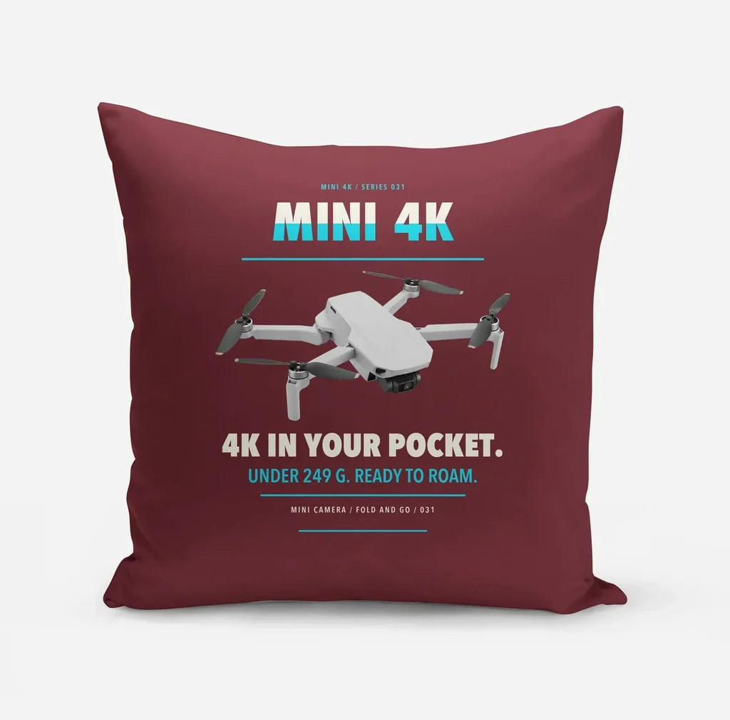 DJI Mini 4K design on dark red pillow