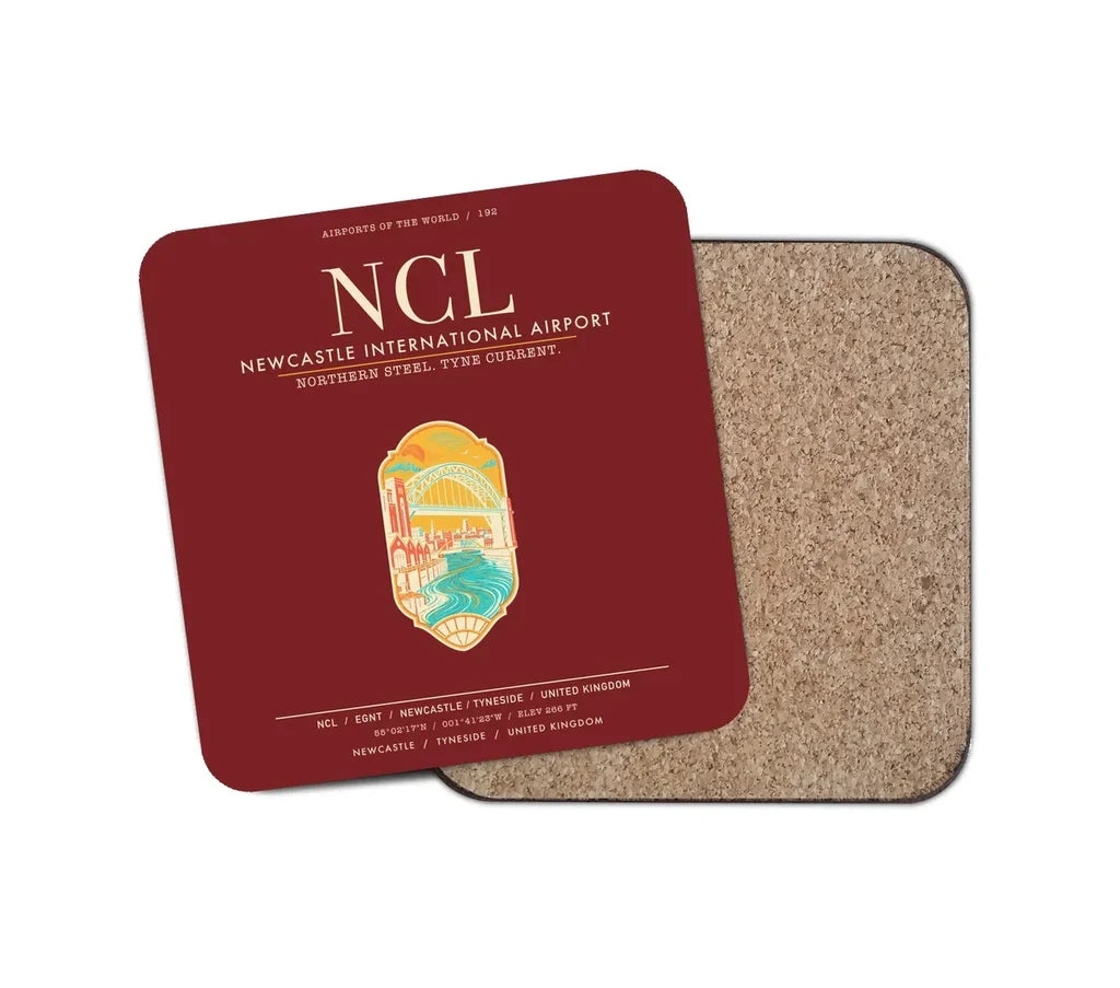 Newcastle International Airport (NCL) design on dark red 1 piece coaster