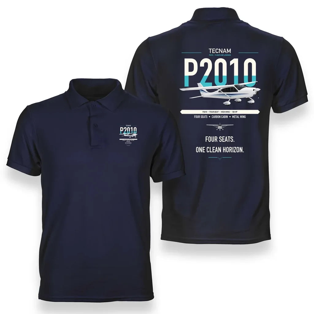 Tecnam P2010 design on navy blue double-side polo t-shirt, double-side print