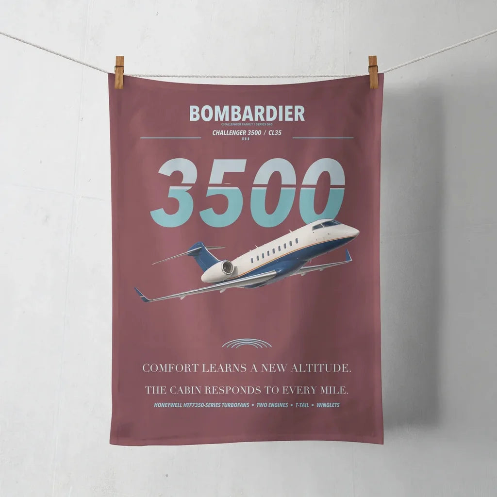 Bombardier Challenger 3500 design on dark red towel