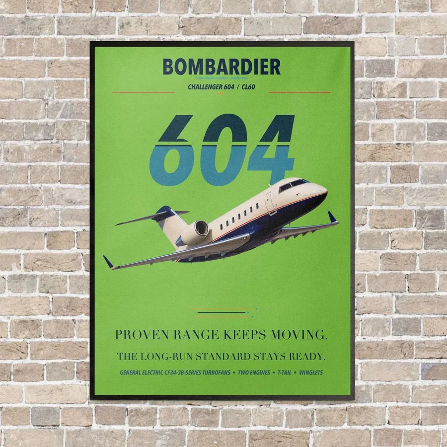 Bombardier Challenger 604 vertical canvas print - framed - light green background