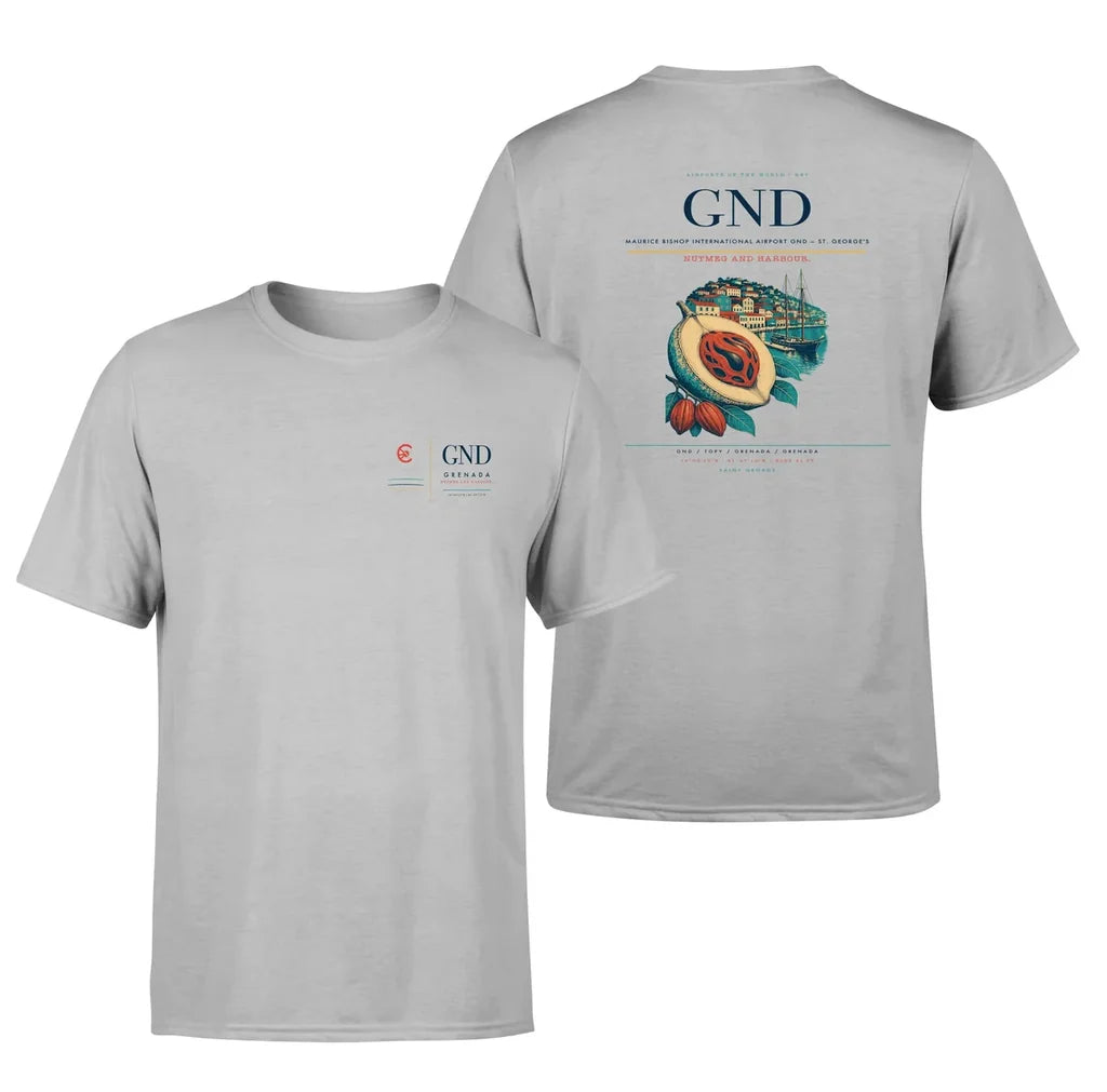 Maurice Bishop International Airport (GND) design printed on light gray double-side t-shirt