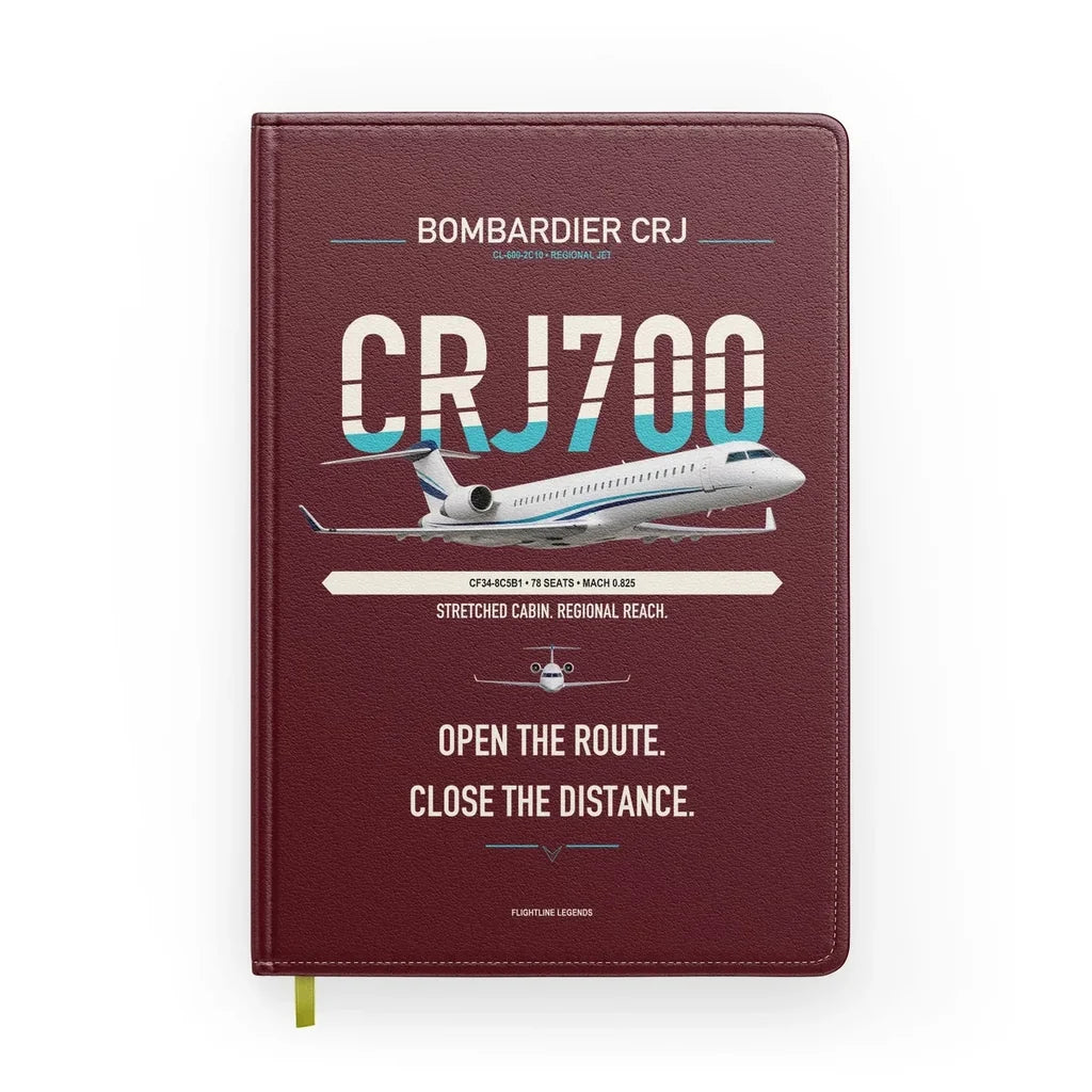 Bombardier CRJ700 design on dark red notebook