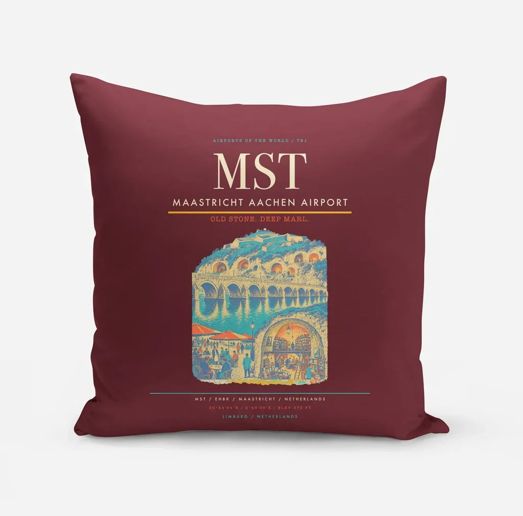 Maastricht Aachen Airport (MST) design on dark red pillow