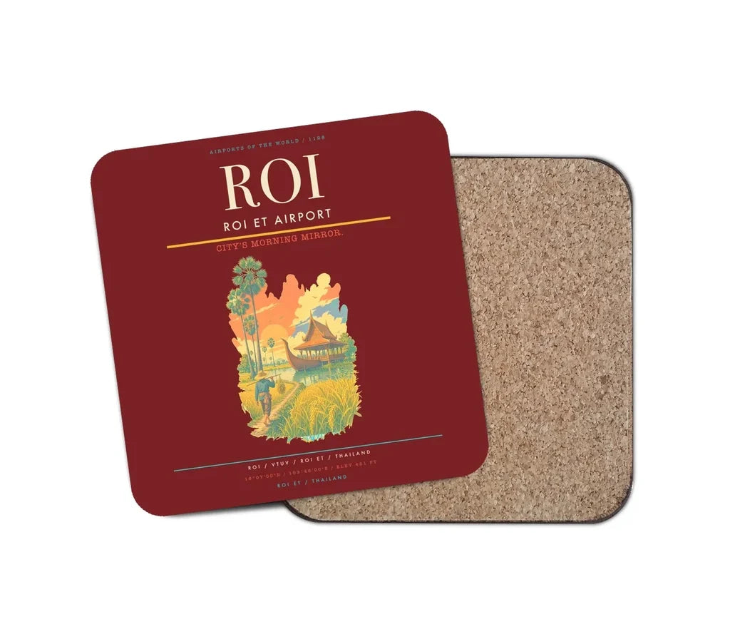 Roi Et Airport (ROI) design on dark red 1 piece coaster