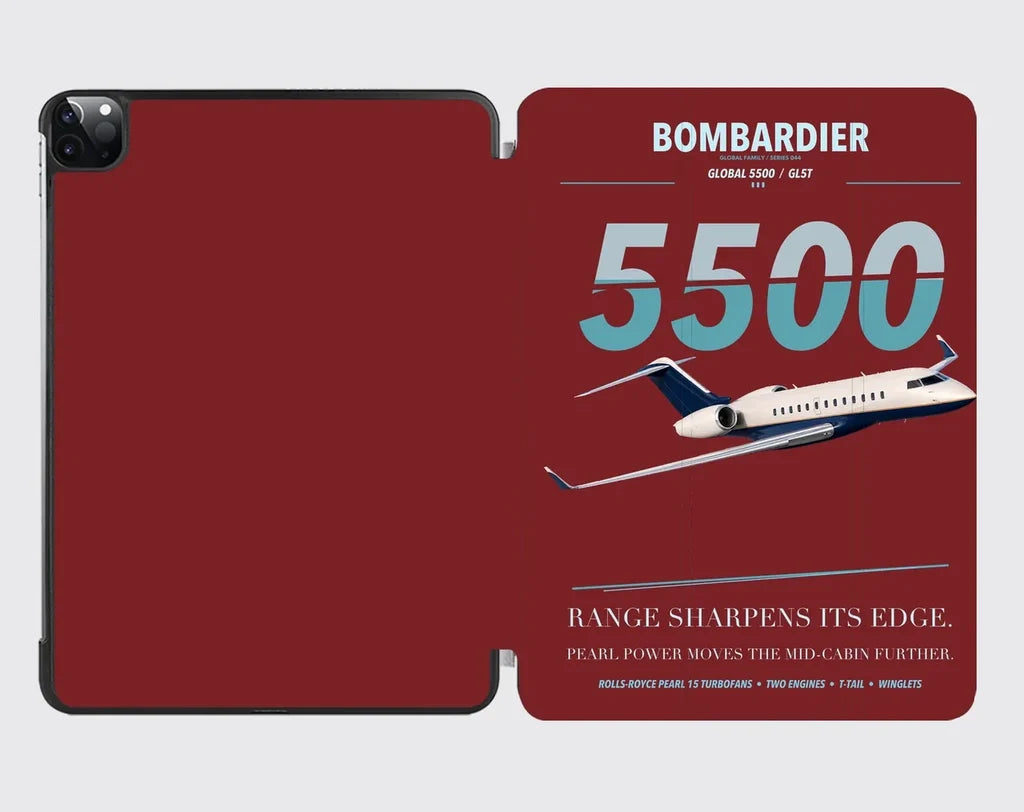 Bombardier Global 5500 design on dark red ipad tablet case