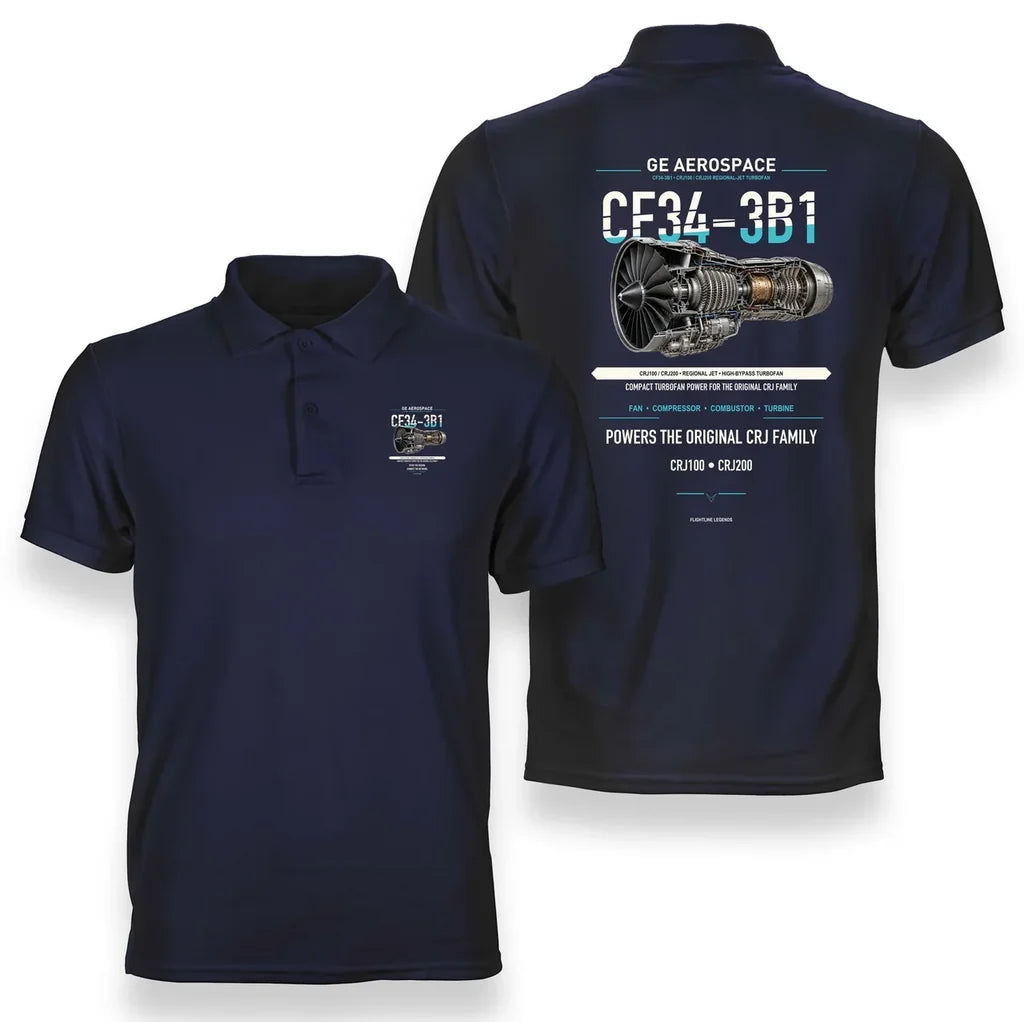 CF34-3B1 design on navy blue polo