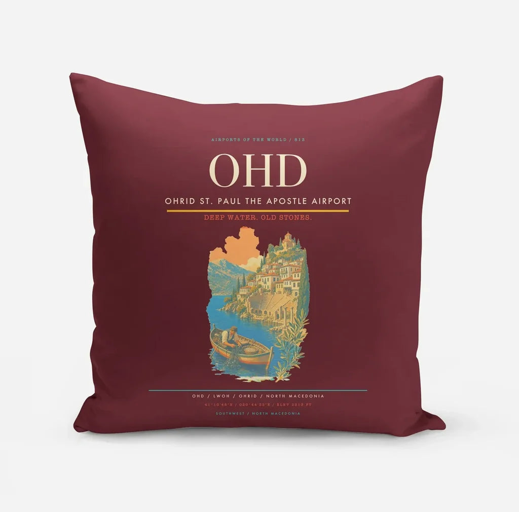 Ohrid St. Paul the Apostle Airport (OHD) design on dark red pillow