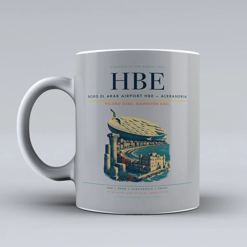 El Arab Airport HBE — Alexandria Mug design on light gray borg