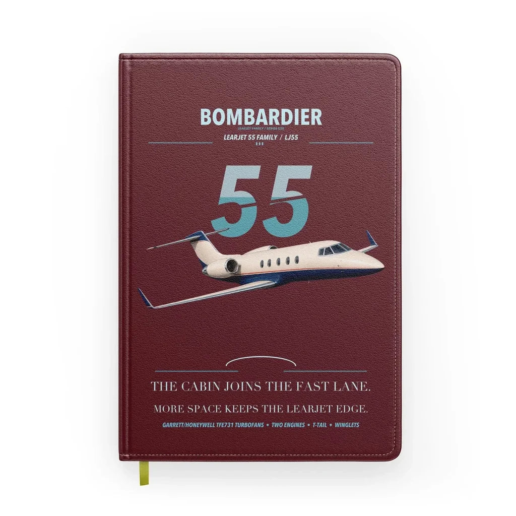 Bombardier Learjet 55 design on dark red notebook
