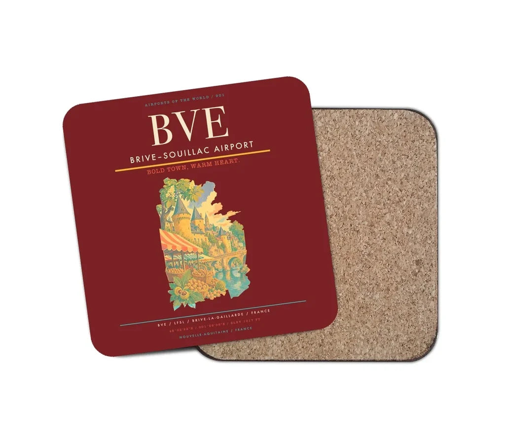 Brive–Souillac Airport (BVE) design on dark red 1 piece coaster
