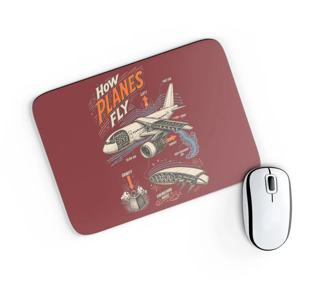 How Planes Fly V2 design on dark red rectangle mouse pad