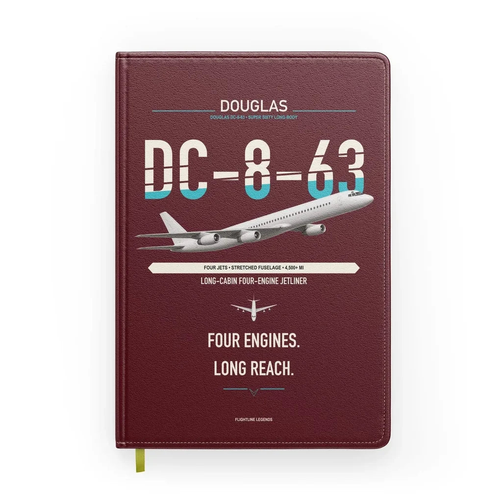 Douglas DC-8-63 design on dark red notebook