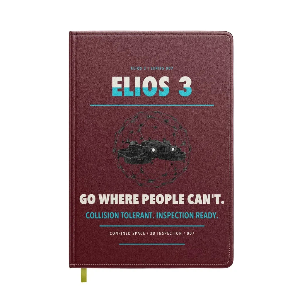 Flyability Elios 3 design on dark red notebook
