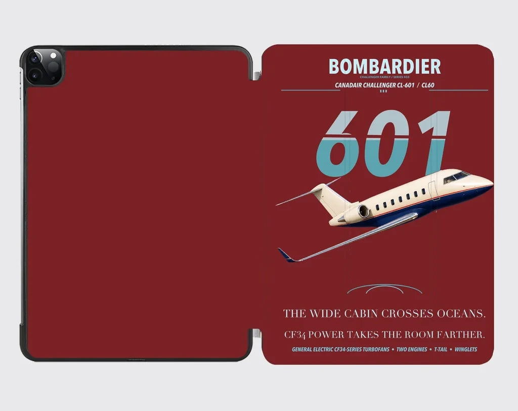 Bombardier Challenger 601 design on dark red ipad tablet case