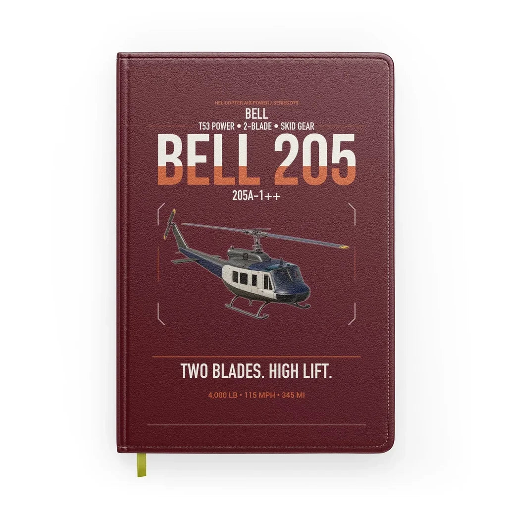 Bell 205A-1++ design on dark red notebook